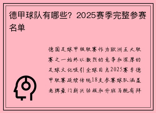德甲球队有哪些？2025赛季完整参赛名单
